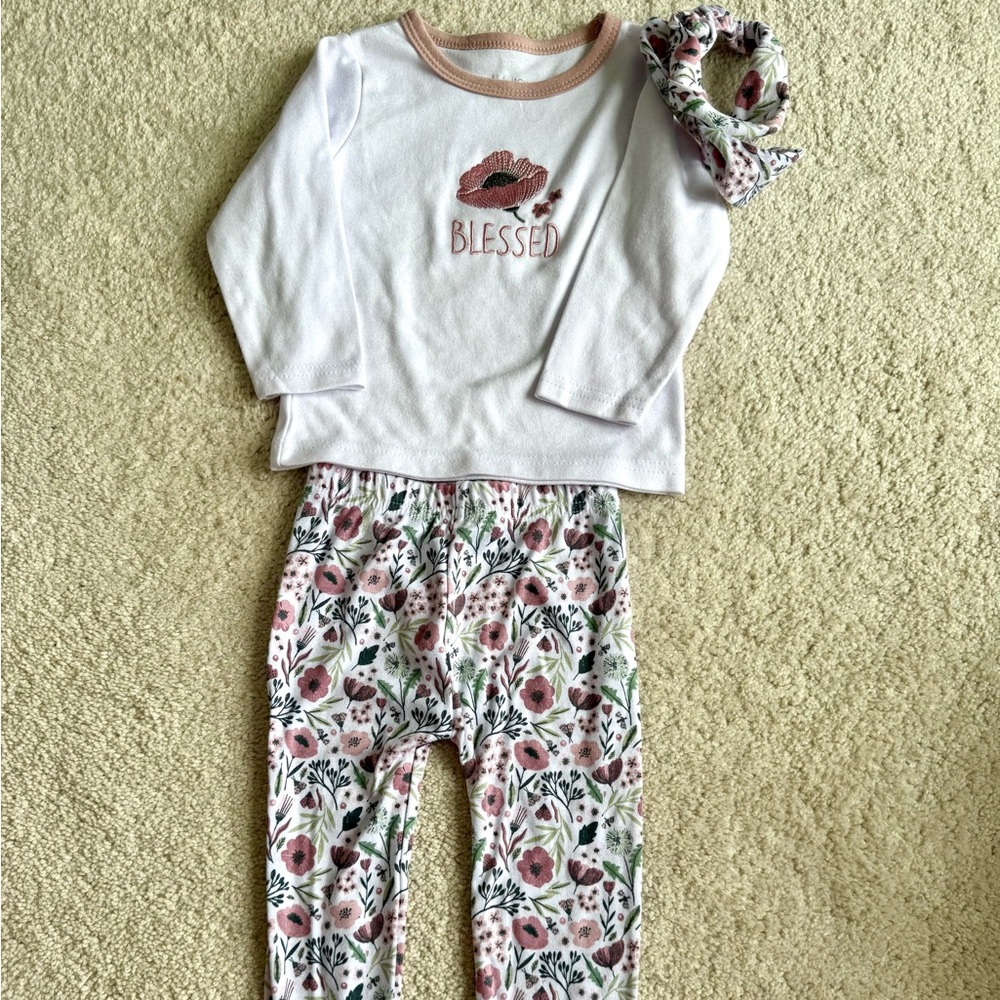 Girls' Floral 'Blessed' Matching Set - White & Pink